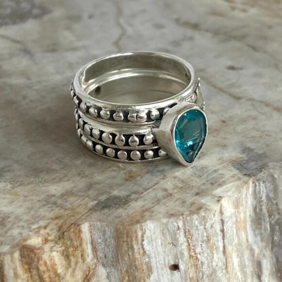 Sterling Silver 925 Teardrop Faceted Blue Glass Triple Band Ring Bali Size 6.5 - Picture 11 of 16